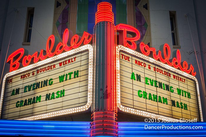 Boulder Theater marquee with neon lights.