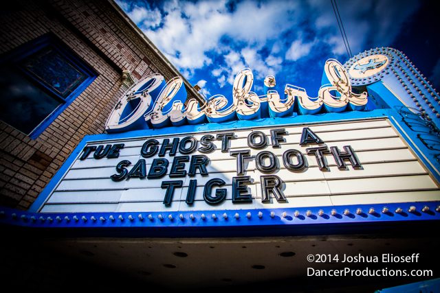 Bluebird Theater marquee with show title.