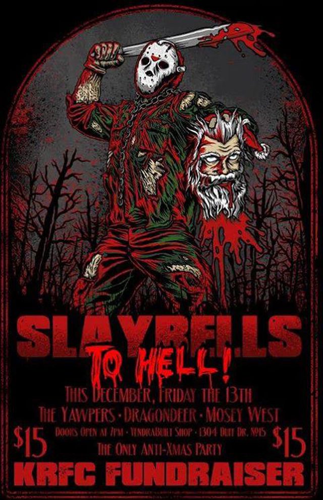 Horror-themed concert poster with masked figure.