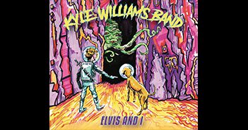 Astronaut and dog in colorful alien cave.
