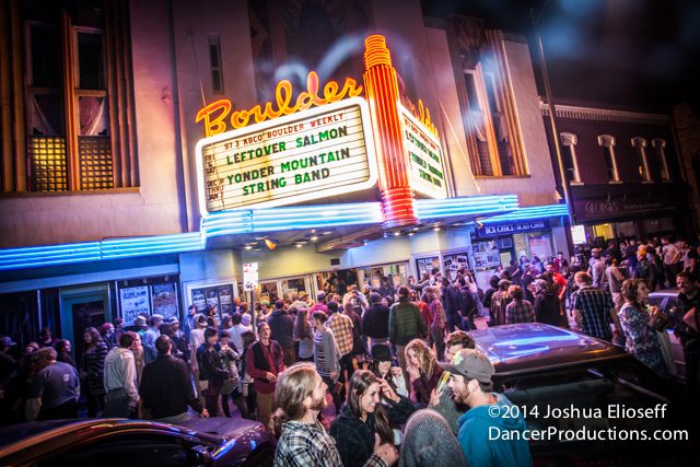 Crowd outside Boulder Theater at night.