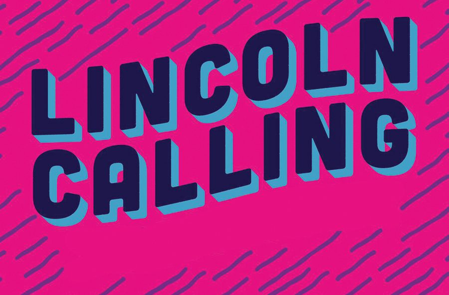 Lincoln Calling graphic with pink background.