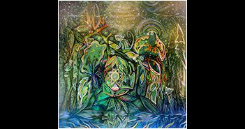 Abstract colorful nature-inspired artwork with leaves.