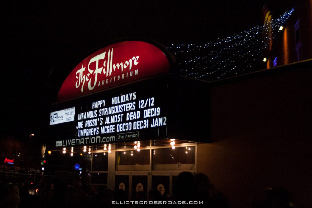 Fillmore Auditorium marquee with event listings.