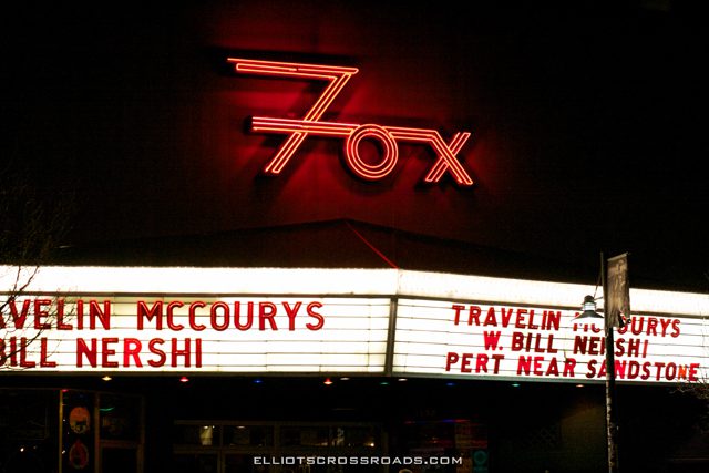 Fox Theater marquee with event listings illuminated.