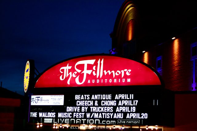 The Fillmore Auditorium event sign at night.
