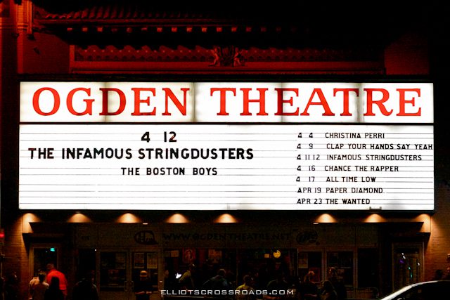 Ogden Theatre marquee with concert listings.
