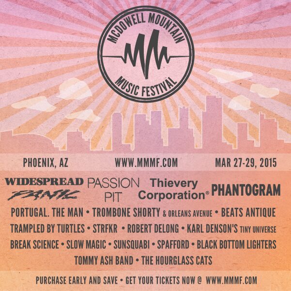 Music festival poster with city skyline.