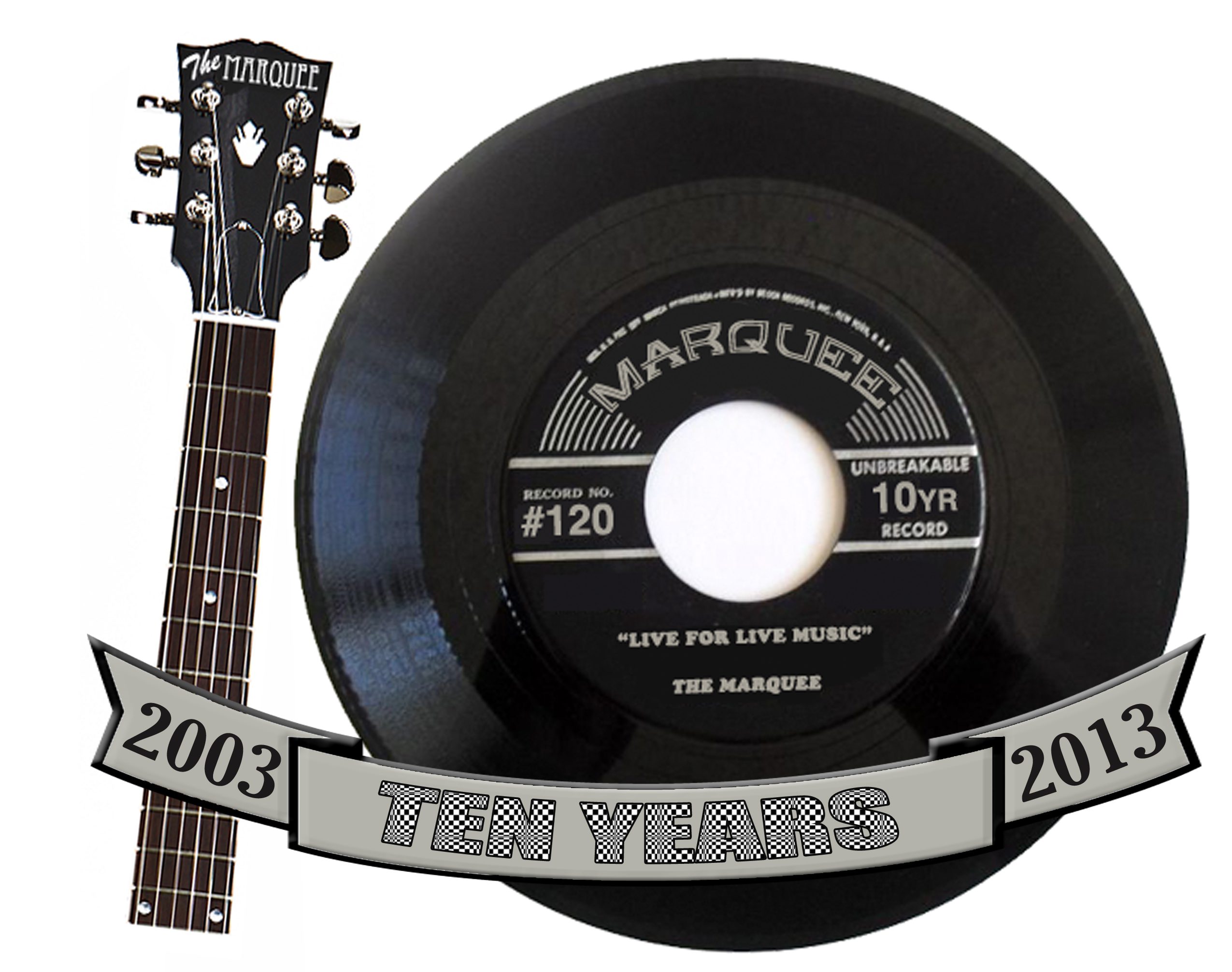 Guitar neck and vinyl record celebrating anniversary.