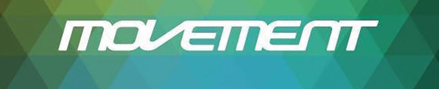 Movement text on geometric green background.