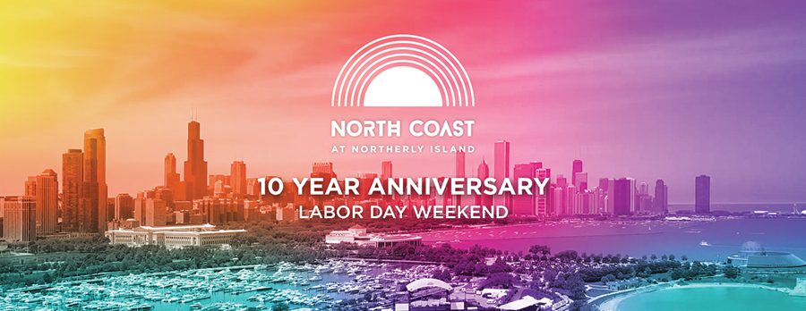 Colorful skyline with North Coast anniversary text.