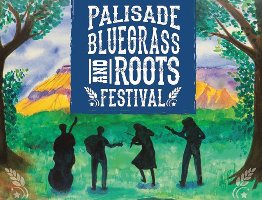 Silhouetted musicians at bluegrass festival.