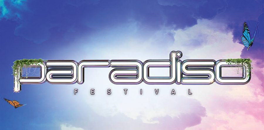Paradiso Festival logo with butterflies and clouds.