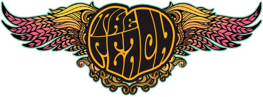 Ornate heart with colorful wings graphic.