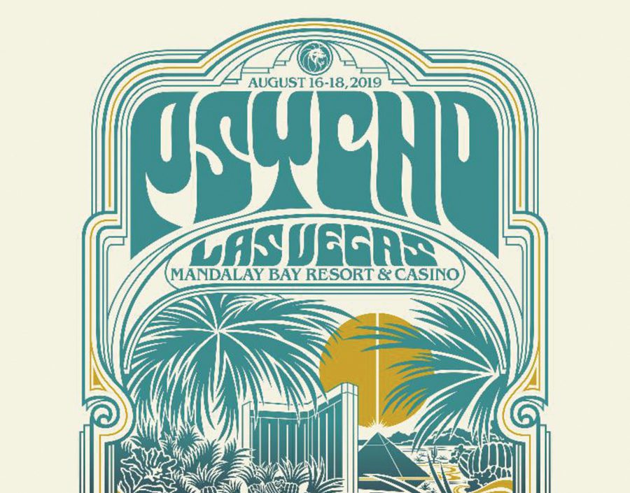 Retro Las Vegas event poster with palm trees.