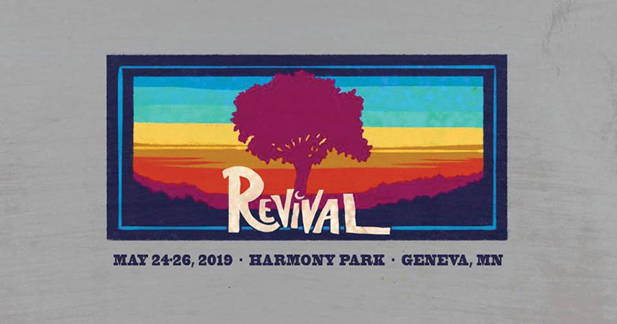 Revival festival poster with colorful sunset background.