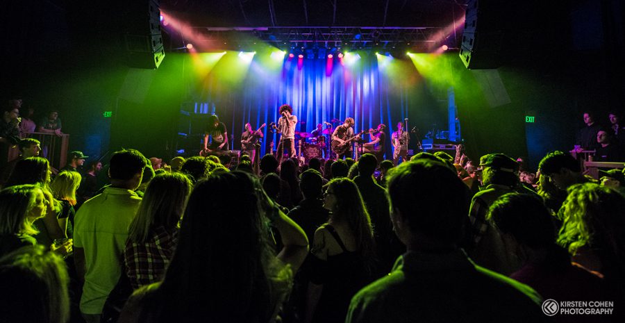 Concert crowd enjoying live band performance.