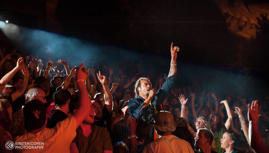 Singer performing amidst cheering crowd at concert.