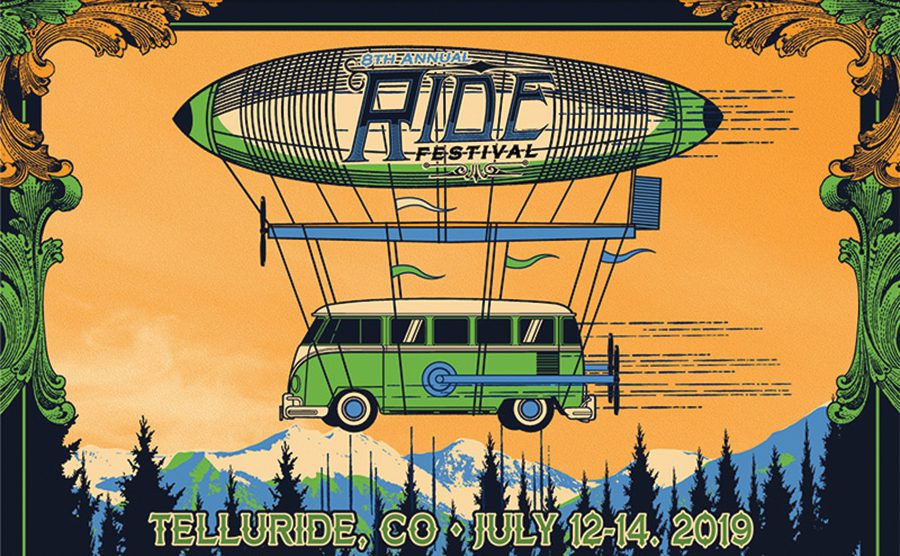 Ride Festival poster with airship and van.