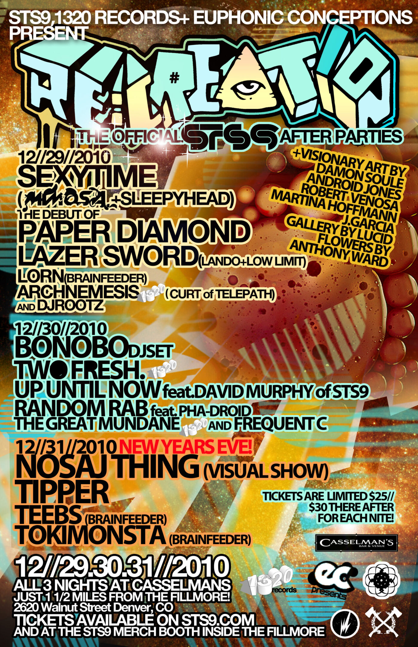 Colorful flyer for STS9 after parties.