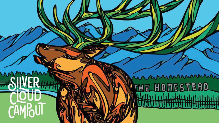 Colorful elk illustration with mountains and text.