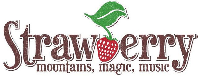 Strawberry logo with mountains, magic, music.