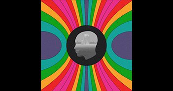 Silhouette with colorful, concentric rainbow stripes.