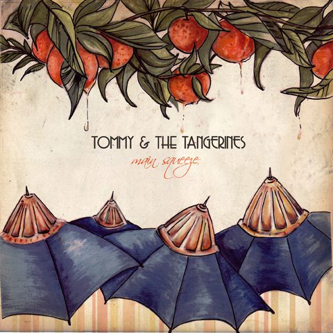 Illustrated album cover with oranges and umbrellas.