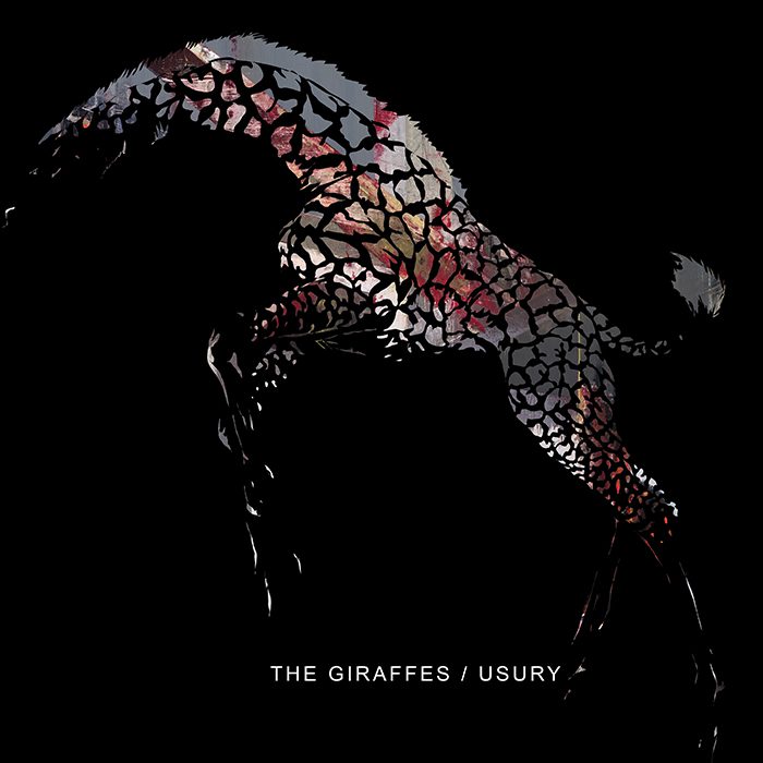 Abstract giraffe design on black background.