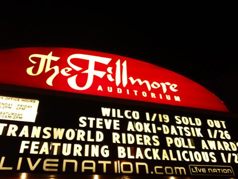 Fillmore Auditorium marquee with concert listings.