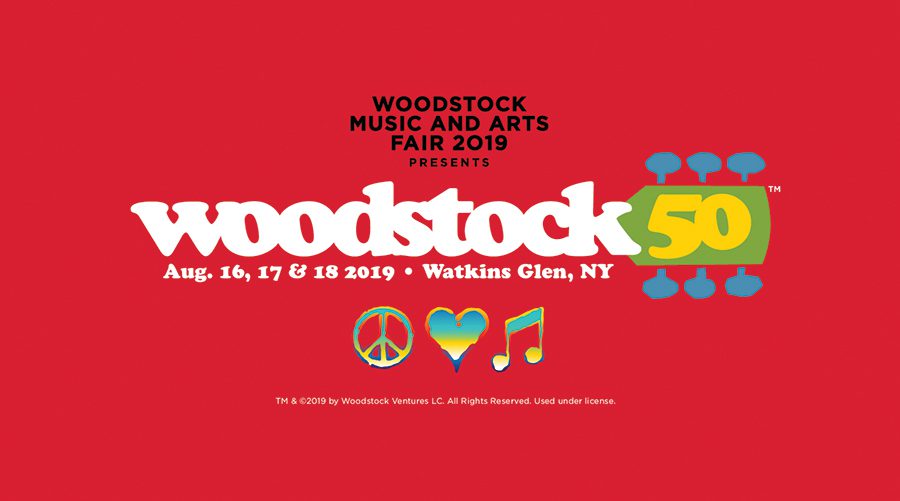 Woodstock 50th Anniversary logo, 2019 event details.