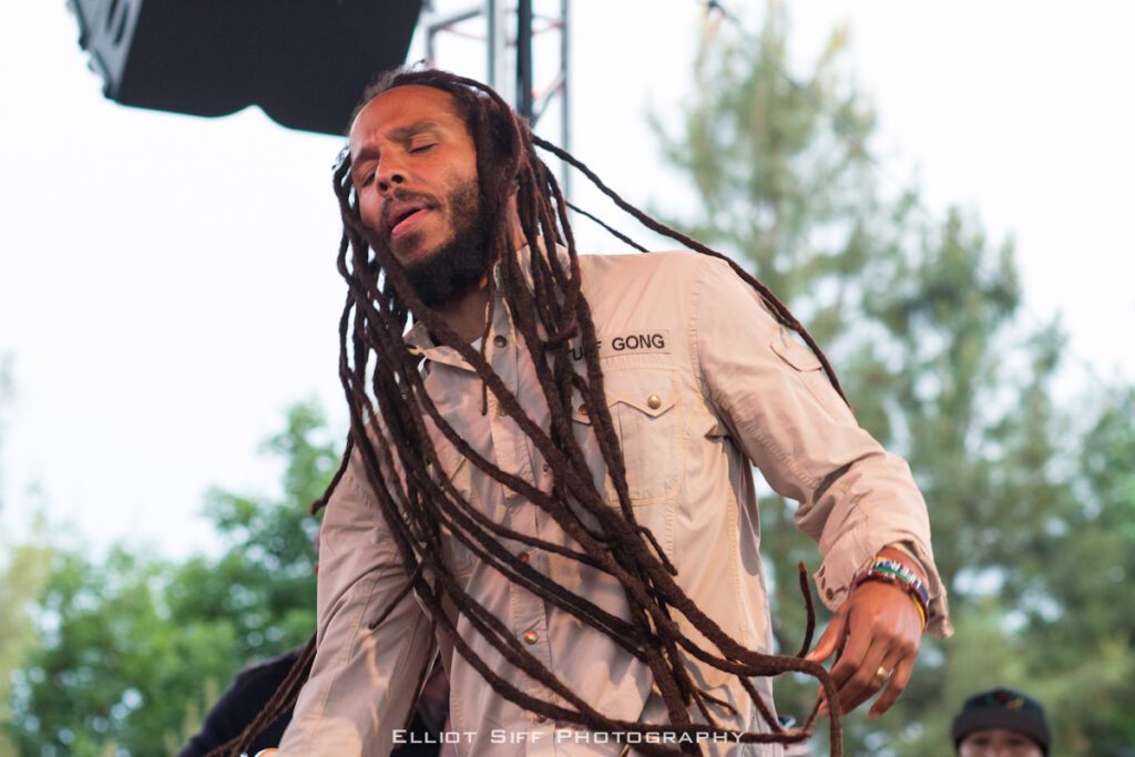 Musician performing outdoors with long dreadlocks.
