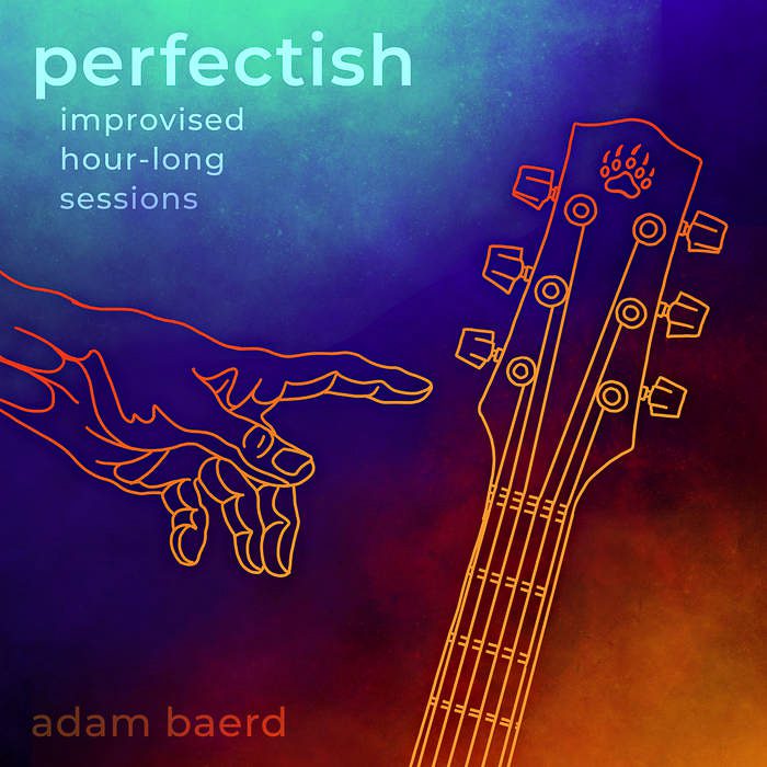 Illustrated guitar and hand on colorful background.