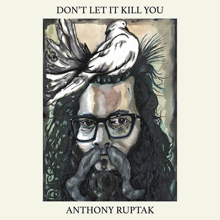 Illustrated man with bird on head.