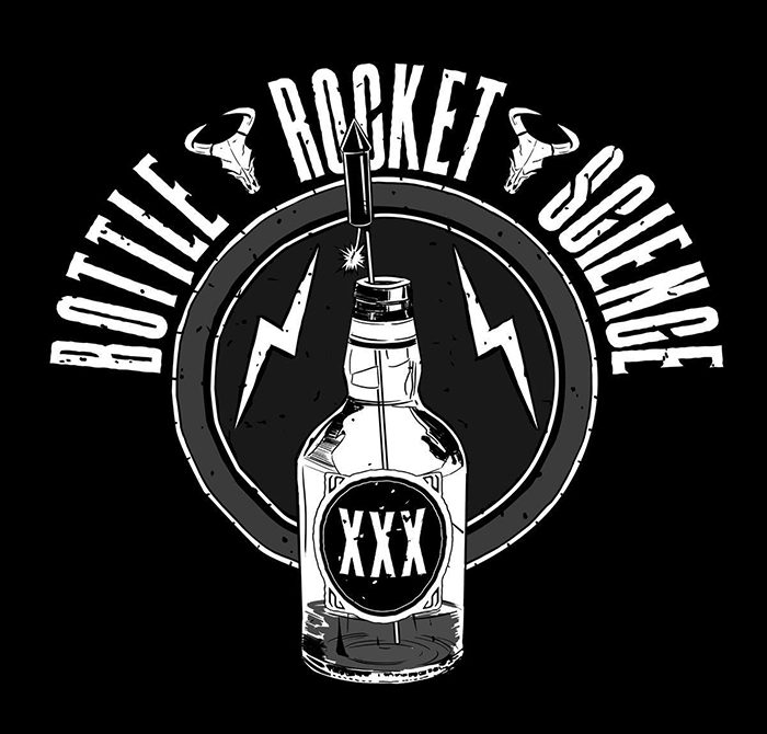 Bottle rocket science logo with bottle illustration.