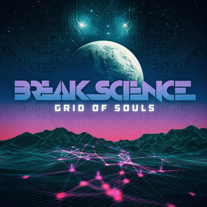 Futuristic album cover with planet and grid.