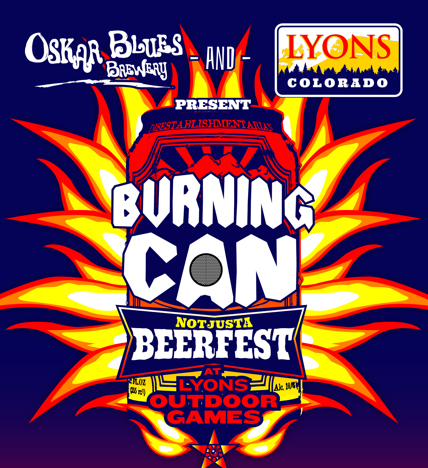 Burning Can Beerfest poster with fiery design.