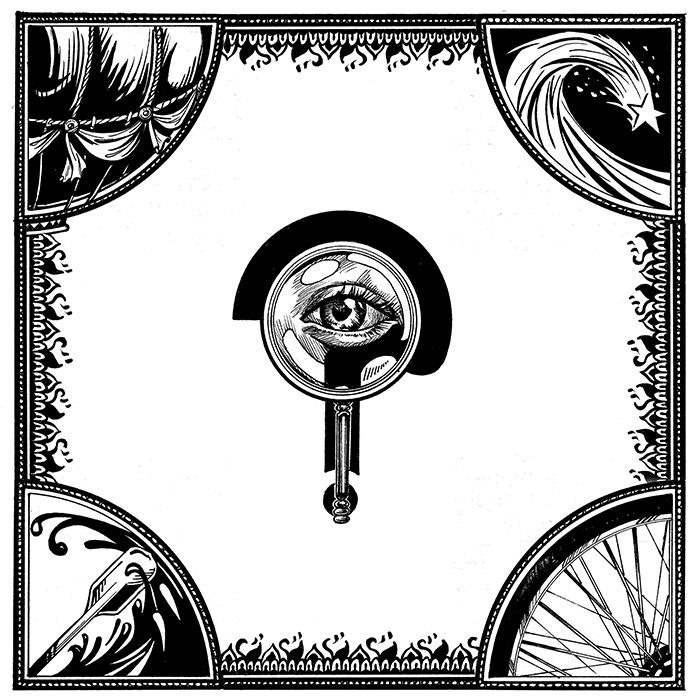Illustrated eye in magnifying glass frame.