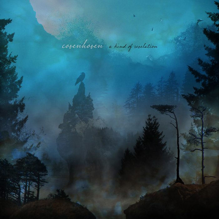 Misty forest with silhouette and blue sky.