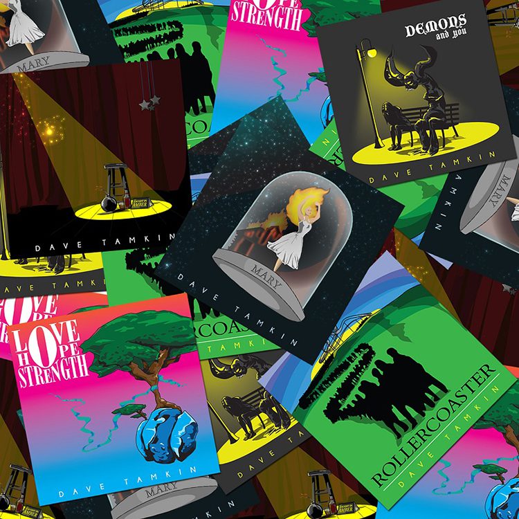 Colorful collage of illustrated music album covers.