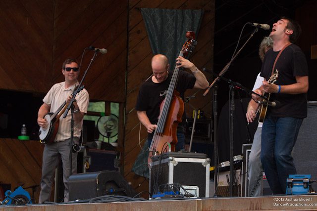 Band performing on stage with instruments.