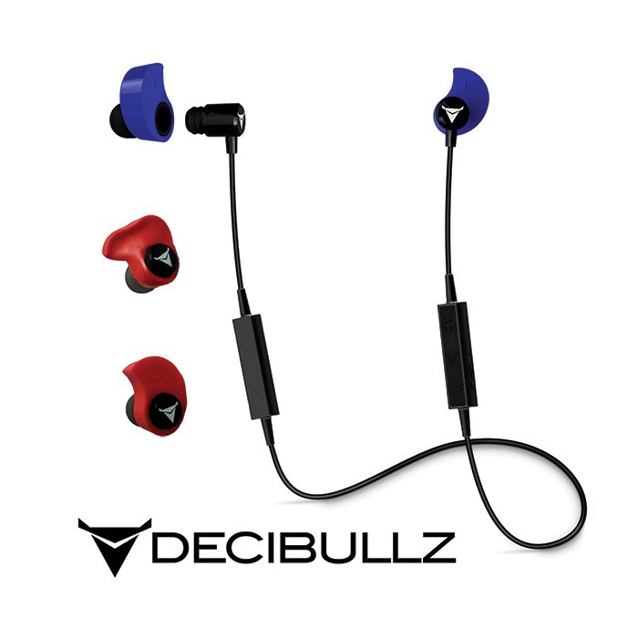 Decibullz earbuds with blue and red earpieces.