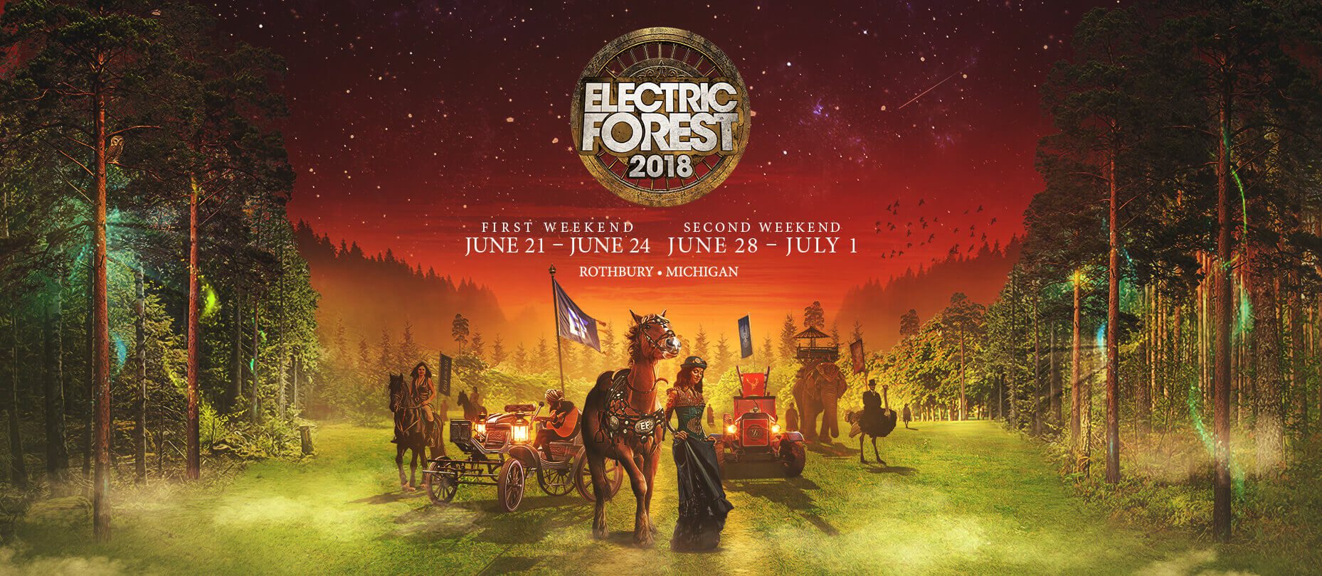 Electric Forest 2018 festival poster, nighttime scene.