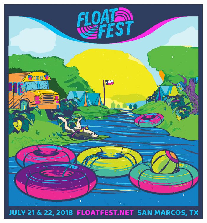 Colorful festival poster with river and inflatables.