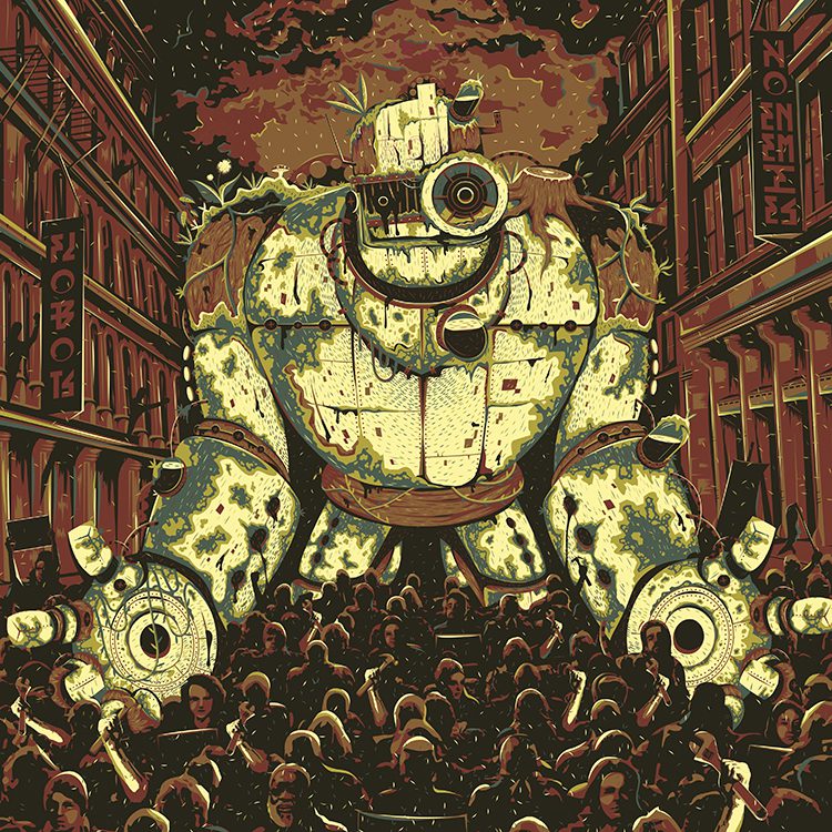 Giant robot surrounded by crowd in city.