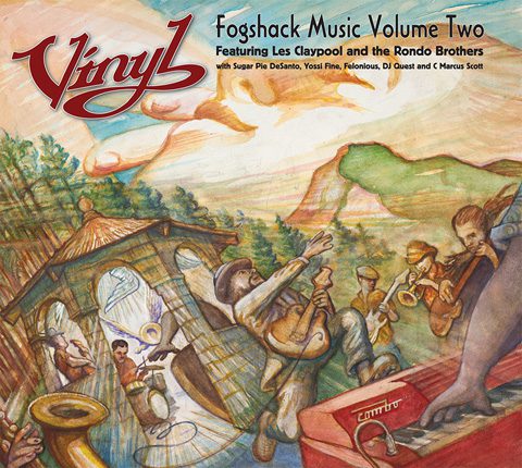 Band playing instruments in a colorful landscape.