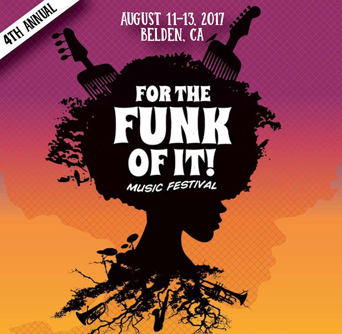 Music festival poster with silhouette and instruments.