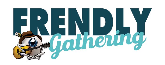 Frendly Gathering logo with guitar-playing eye.