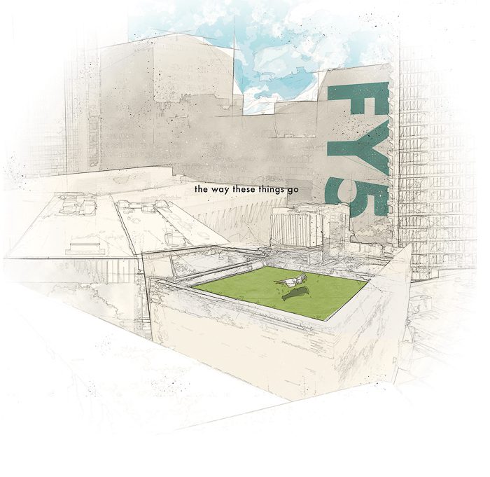 Rooftop scene with green area and buildings.