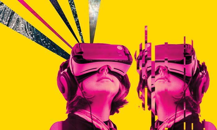 People wearing VR headsets with abstract background.